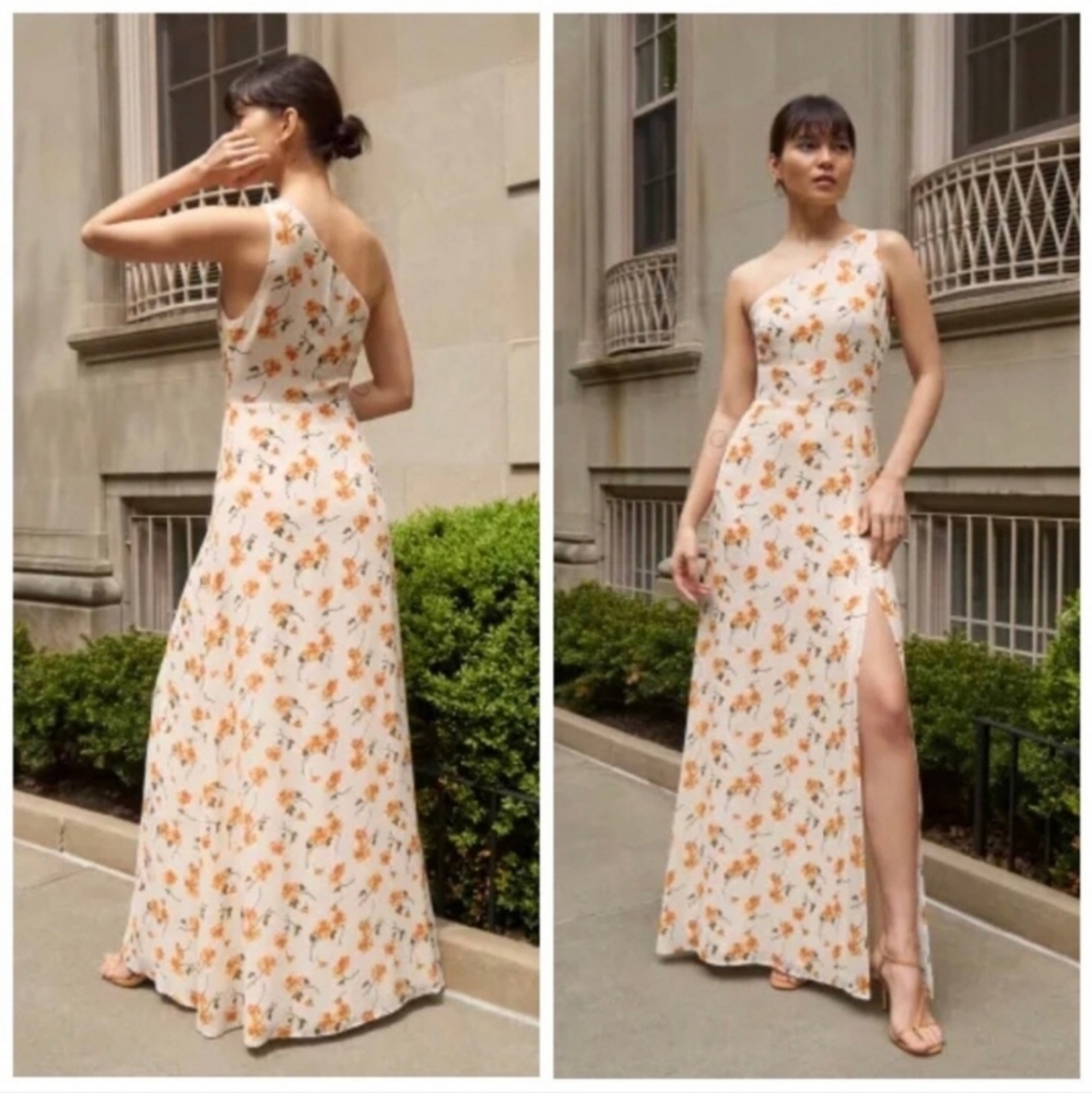 Reformation One-Shoulder Maxi Dress in Cream with Orange Floral Print